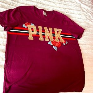 Pink Bling Sequin Floral Stripe Short Sleeve Tee